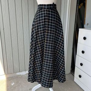 VTG 50s Full Circle Maxi Skirt w/ Pastel Plaid Lines on Black Wool Blend